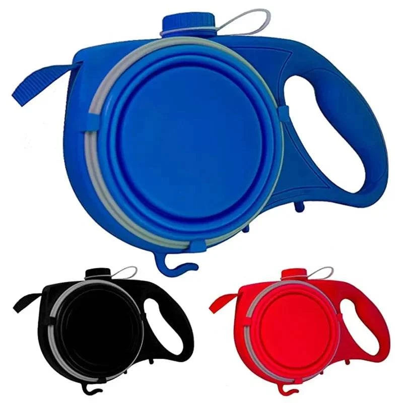All-in-One Dog Leash with integrated water bottle and collapsible bowl in blue, black, and red colors